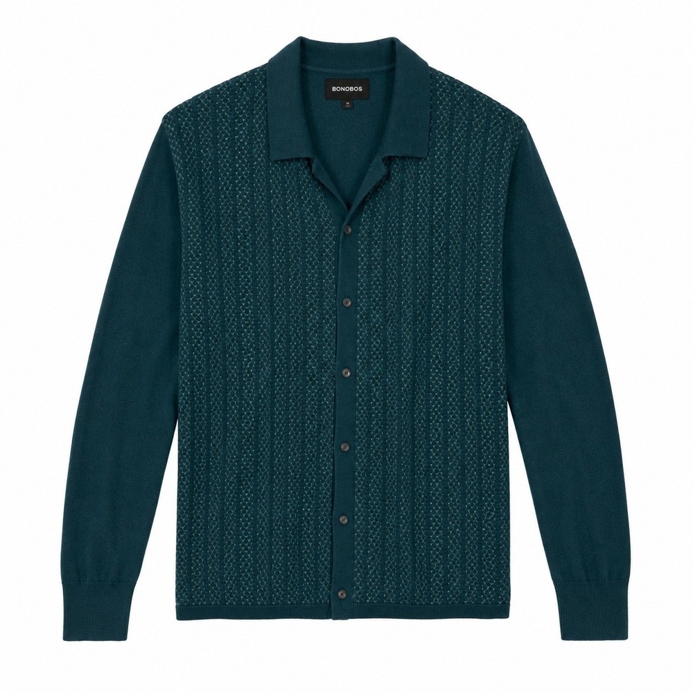 Bonobos Mens Vertical Tuck Stitch Stripe LS Cardigan Polo Teal Green XXL New